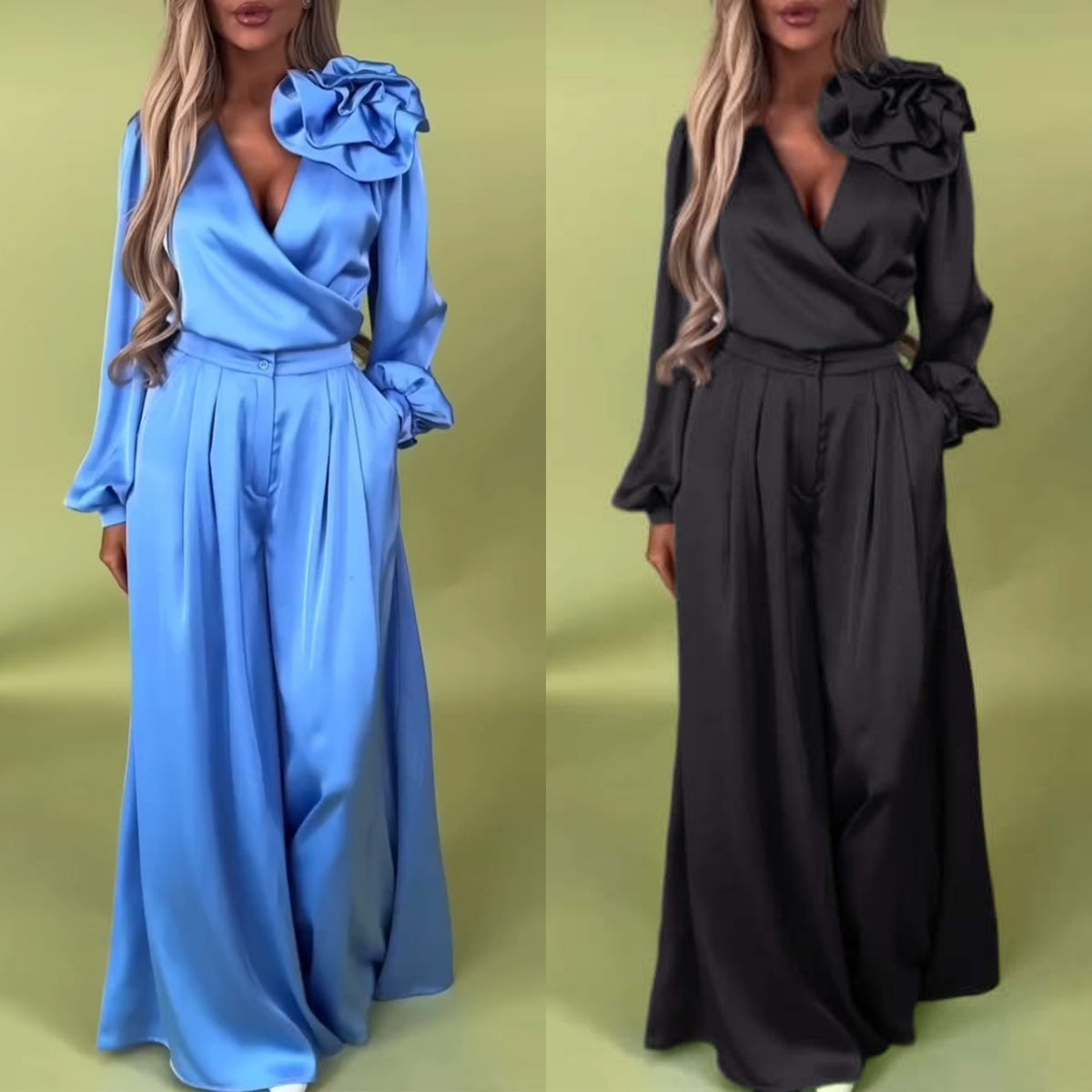 Witoria | Elegante satijnen set – lange mouwen wikkelshirt en brede broek