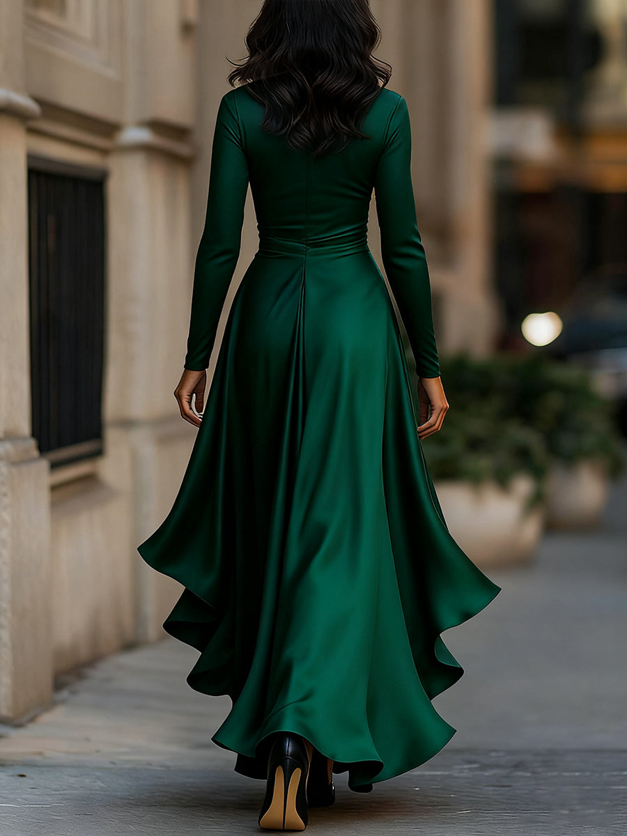 Middernachtblauwe Draped Satijnen Maxi-jurk met Ruffle Details