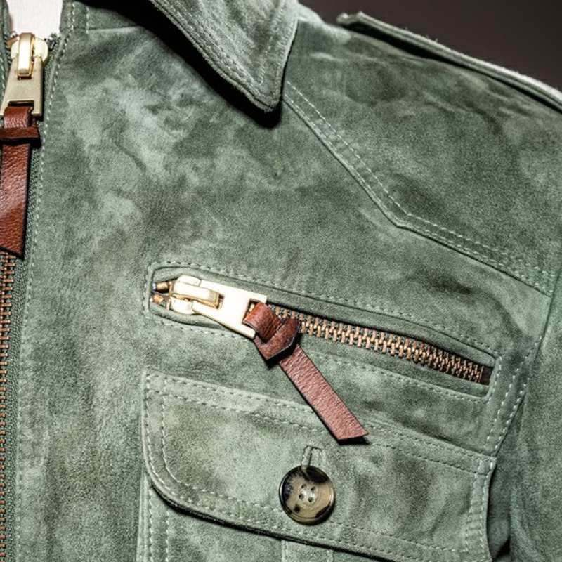 Heren retro jack met rits en borstzak van suède 01953047Z