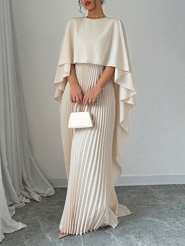 Cape High-Low Plissé Effen Kleur Split-Joint Ronde Hals Avondjurken Maxi Jurken