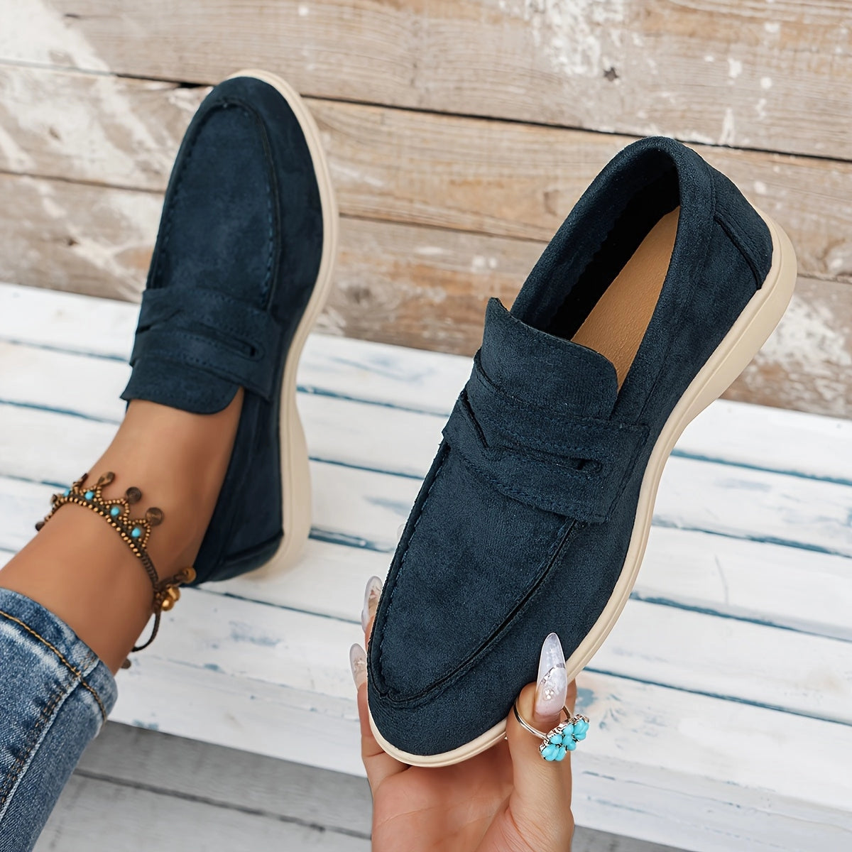 Donkerblauwe suède loafers - Elegante en comfortabele dames instappers