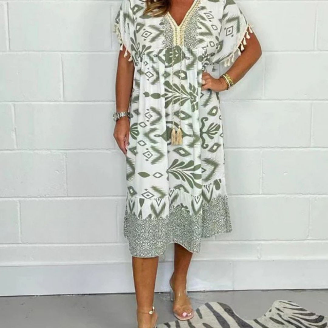 Nadia | Zomerjurk met V-hals en franjes op korte mouwen