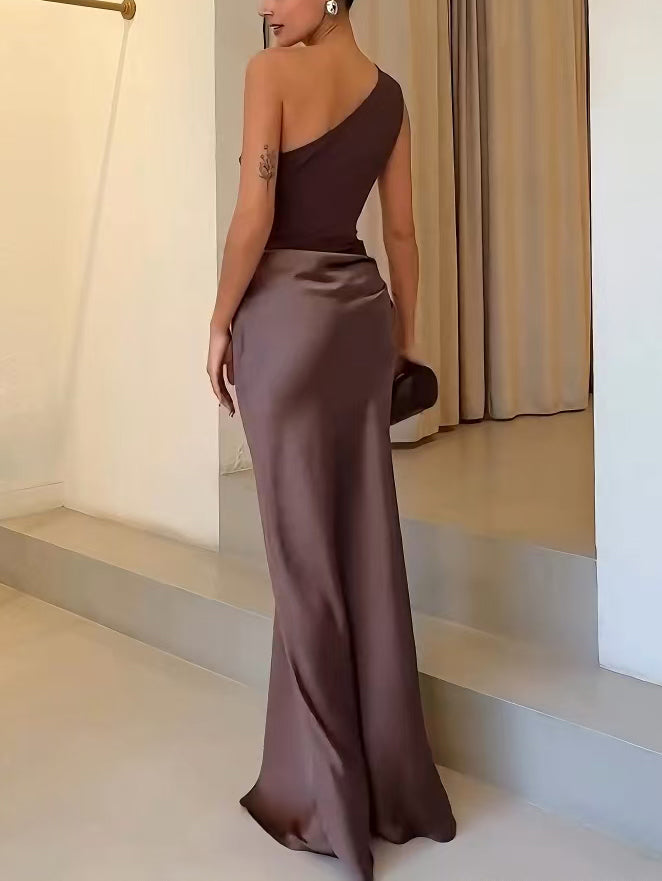 Elegante One Shoulder Nek Plissé Feest Maxi Jurk