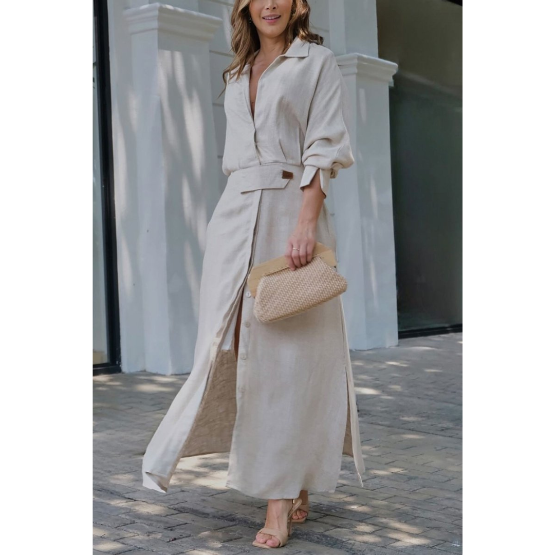 Barbara | Maxi-jurk van katoen en linnen met knopen en een riem in de taille