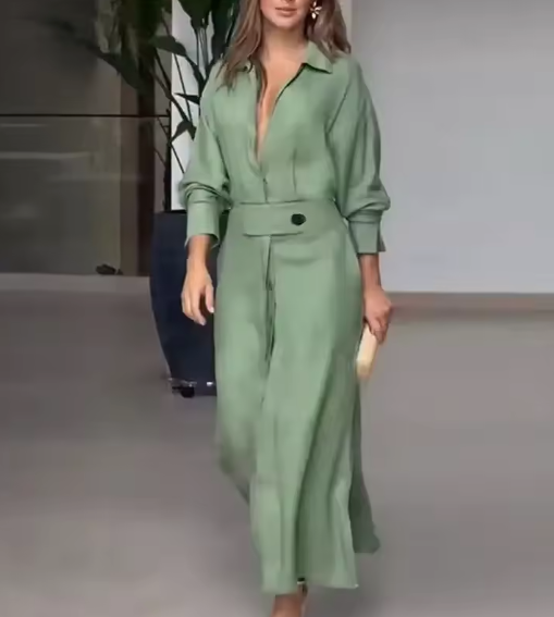 Barbara | Maxi-jurk van katoen en linnen met knopen en een riem in de taille