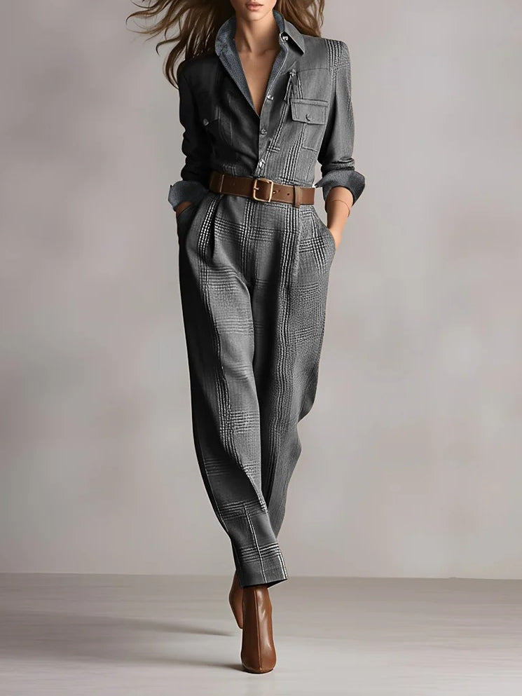 Bruine Elegante Tweed Jumpsuit met Ruitpatroon