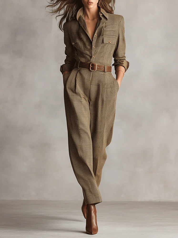 Bruine Elegante Tweed Jumpsuit met Ruitpatroon