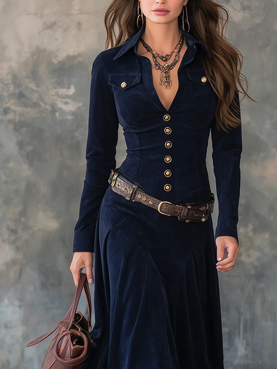 Vintage Maxi Jurk met Zakken van Suède Polyester (Met Riem)