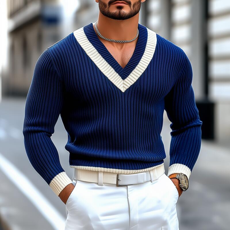 Heren Vintage Contrast Trui met V-hals, Slim Fit, Lange Mouwen MTA2709H9M