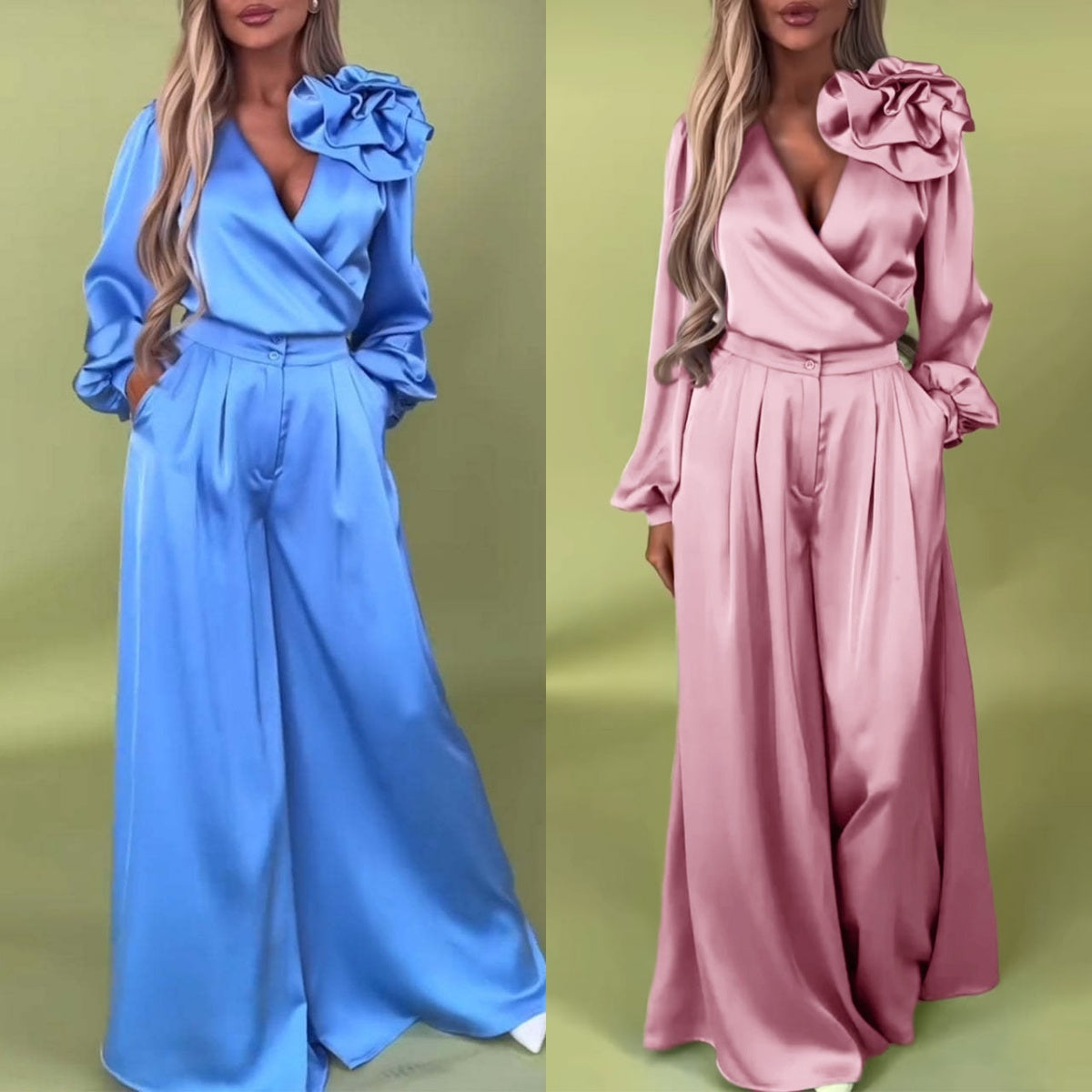 Witoria | Elegante satijnen set – lange mouwen wikkelshirt en brede broek