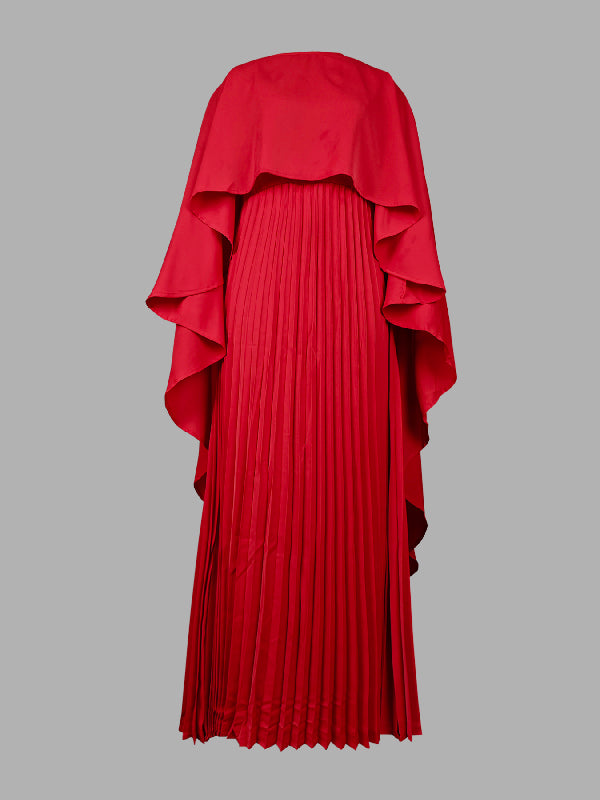 Cape High-Low Plissé Effen Kleur Split-Joint Ronde Hals Avondjurken Maxi Jurken