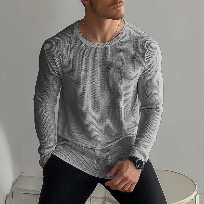Heren Casual Effen Kleur Ademend Gebreid T-shirt Sweater met Ronde Hals Losse Lange Mouw MTA2184G6M