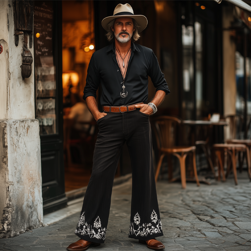 Heren Broek in Western Cowboy Vintage Stijl Zilver Geborduurd met Uitlopende Pijpen MTA1324F7U