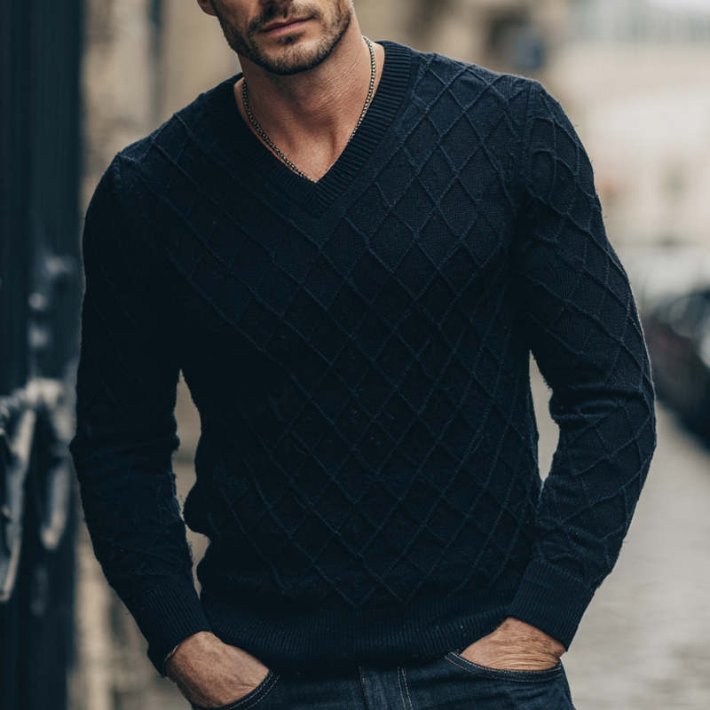 Heren trui met V-hals in effen kleur met ruitstructuur MTA1351H3X