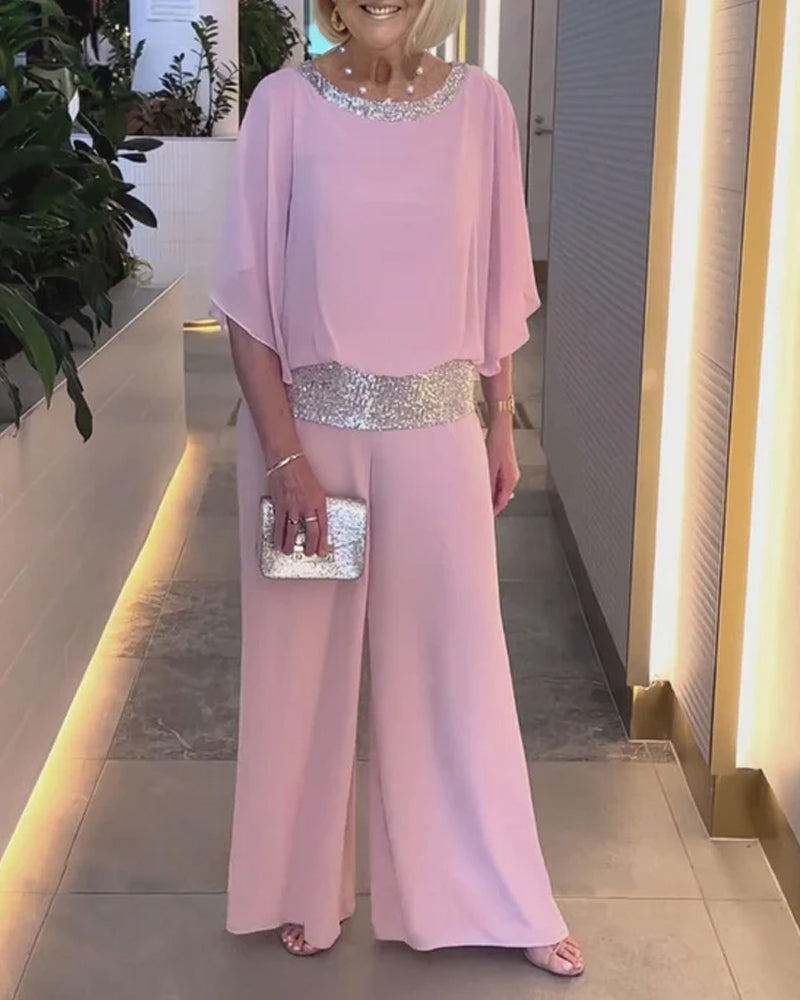 Marcelina | Elegante tweedelige set met pailletten en kleurrijk blokpatroon