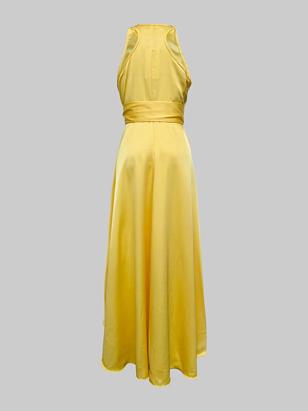 High-Low Losse Rimpel Trim Effen Kleur Tied Taille V-Hals Maxi Jurken