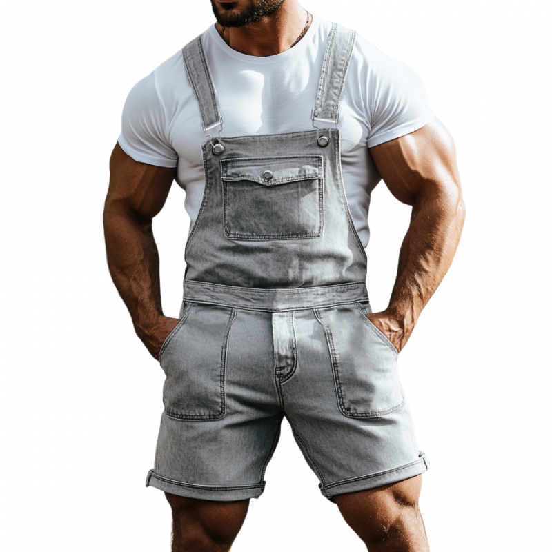 Heren vintage, gewassen, versleten spijkerbroek overall shorts met meerdere zakken MTA2785E1M