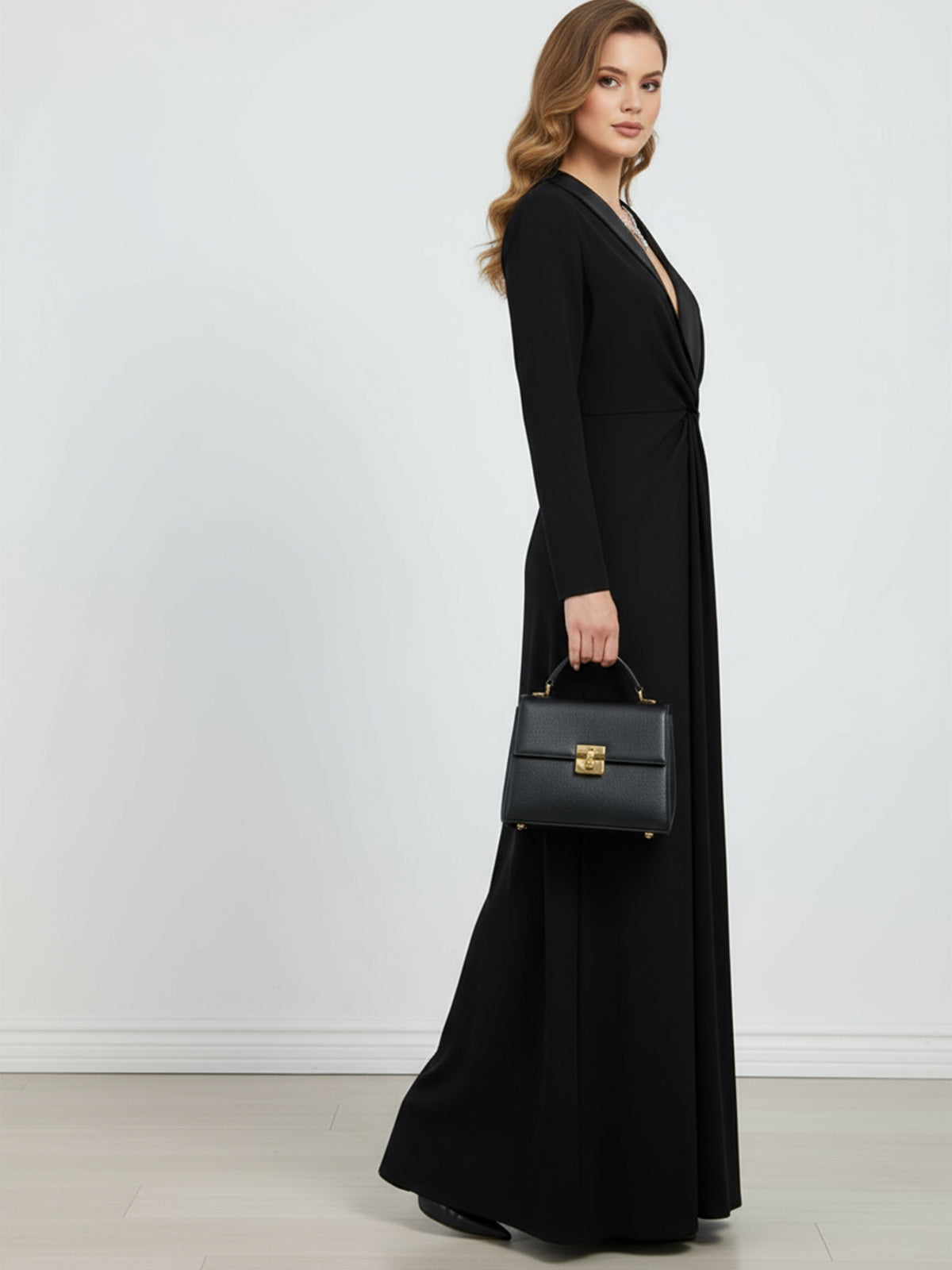 Langsleeve Skinny Effen Kleur Diepe V-Hals Maxi Jurken
