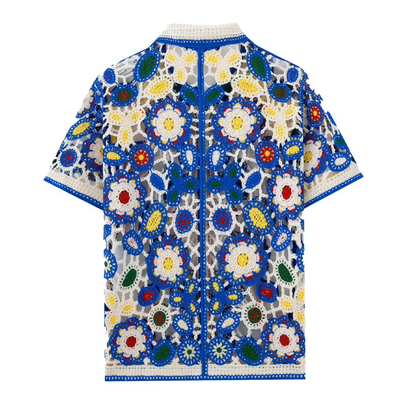 Heren gebreide bloemen jacquard shirt met korte mouwen MTA0556F8X