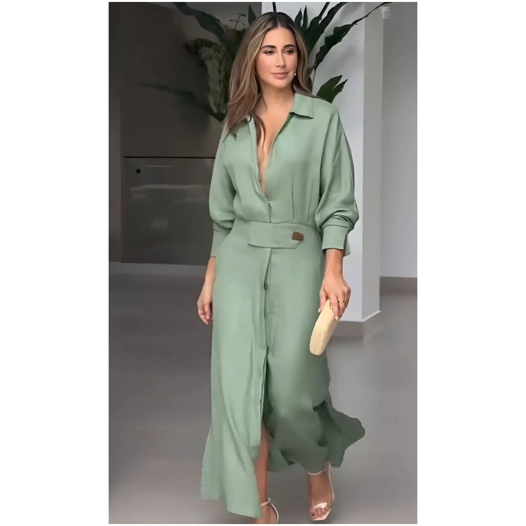 Barbara | Maxijurk van katoen en linnen met knopen en een tailleband