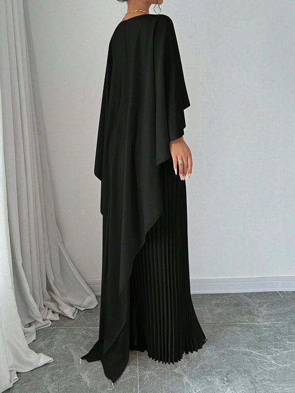 Cape High-Low Plissé Effen Kleur Split-Joint Ronde Hals Avondjurken Maxi Jurken