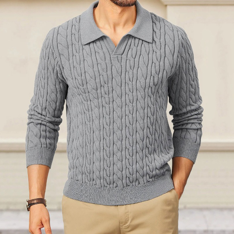 Heren polo trui met V-hals, slim fit, in effen kleur, met kabelpatroon MTA1373H6X