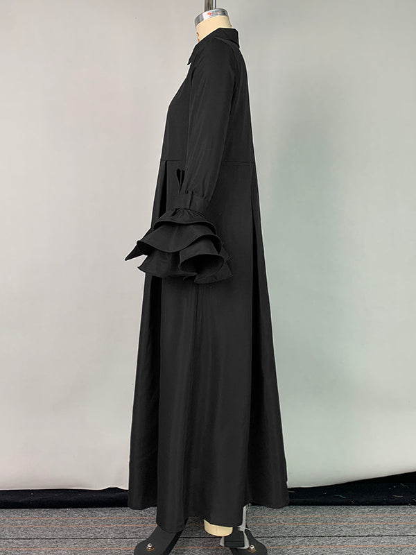 Uitlopende Mouwen Geplooide Effen Kleur Split-Joint Kraag Maxi Jurken Overhemd Jurk
