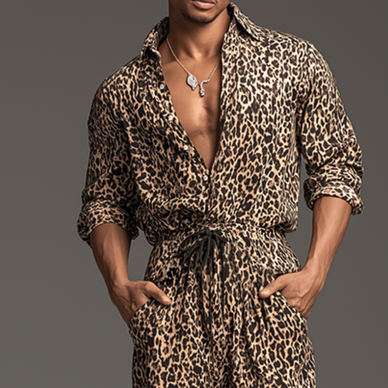 Heren Retro Casual Jumpsuit met Luipaardprint en Kraag met Lange Mouwen MTA0421H8TO
