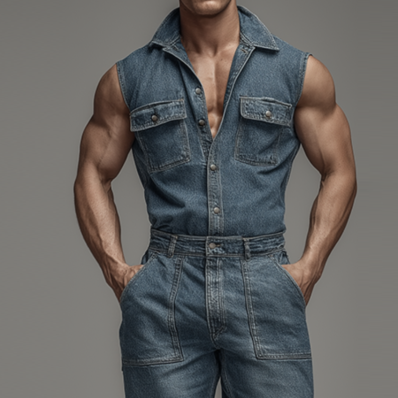 Heren Retro Casual Gewassen Jeans Mouwloos Vest met Kraag MTA0440H4TO