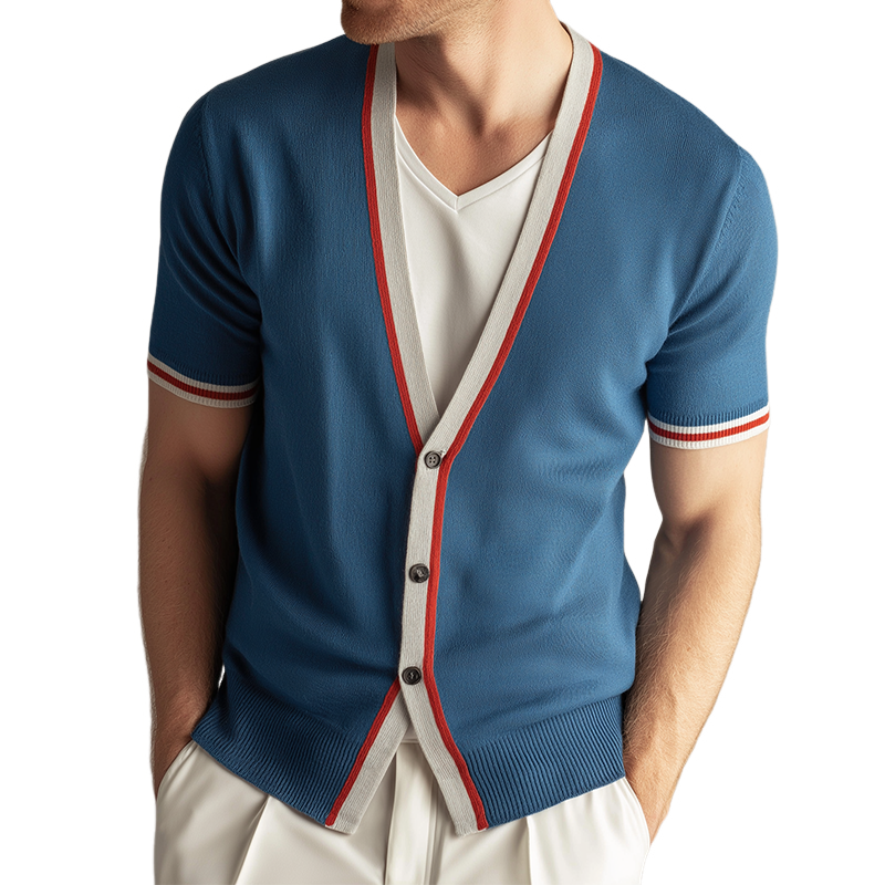 Heren Retro Casual Trui Korte Mouwen in Contrasterende Kleuren MTA0639H4TO