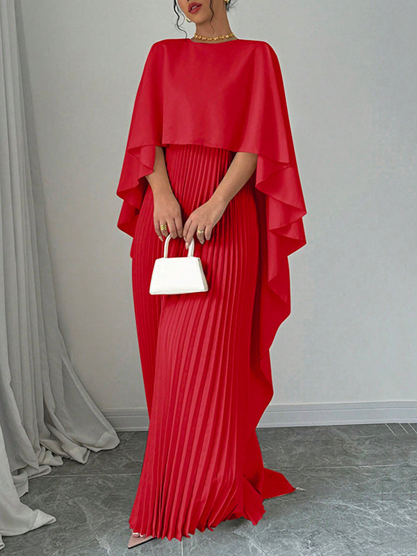 Cape High-Low Plissé Effen Kleur Split-Joint Ronde Hals Avondjurken Maxi Jurken