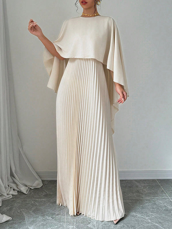 Cape High-Low Plissé Effen Kleur Split-Joint Ronde Hals Avondjurken Maxi Jurken