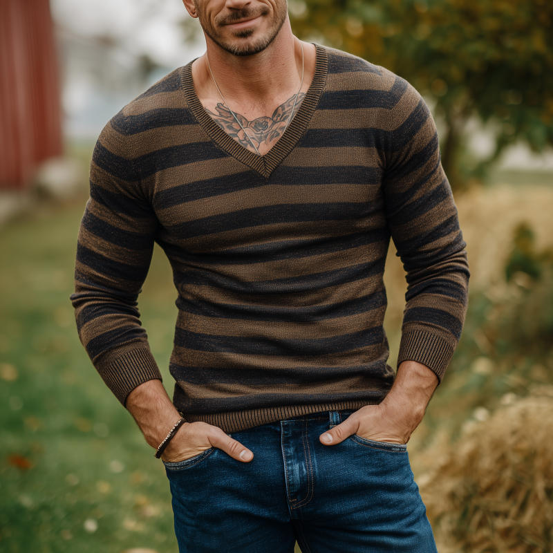 Heren vintage sweater met V-hals en contrasterende strepen MTA1813H3M