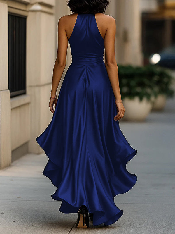 High-Low Losse Rimpel Trim Effen Kleur Tied Taille V-Hals Maxi Jurken