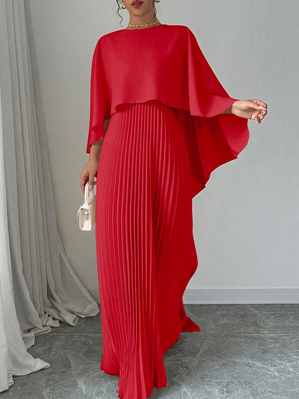 Cape High-Low Plissé Effen Kleur Split-Joint Ronde Hals Avondjurken Maxi Jurken