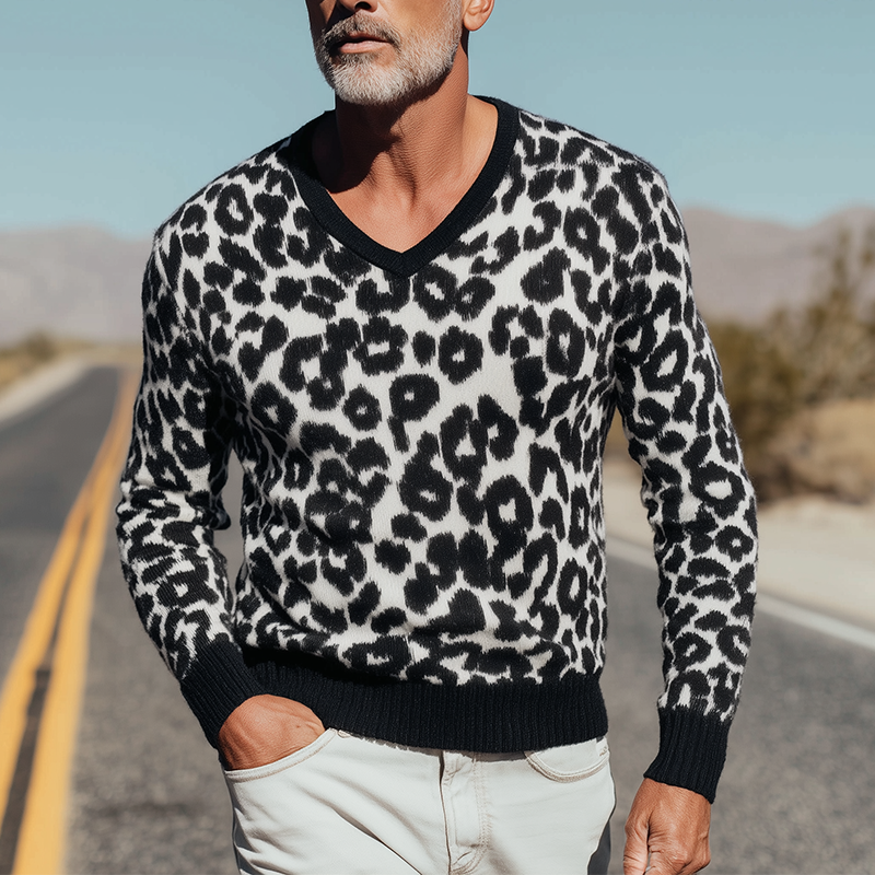 Heren Vintage Gebreide Trui met Luipaardpatroon en V-hals MTA1437H0P