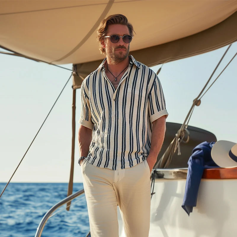 Heren Korte Mouwen Gestreepte Overhemd met V-hals 27407407Y