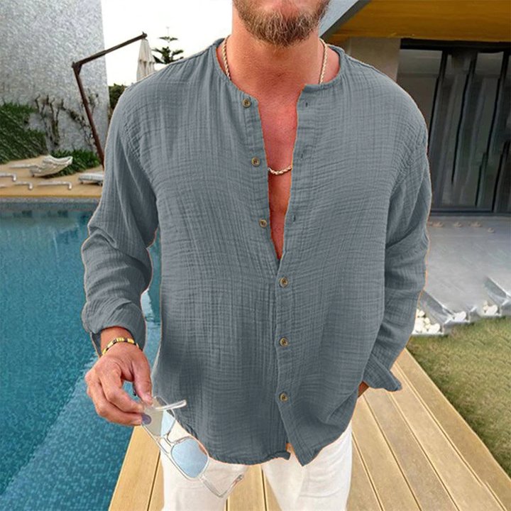 Heren overhemd van katoen en linnen in effen kleur met lange mouwen 37130279X