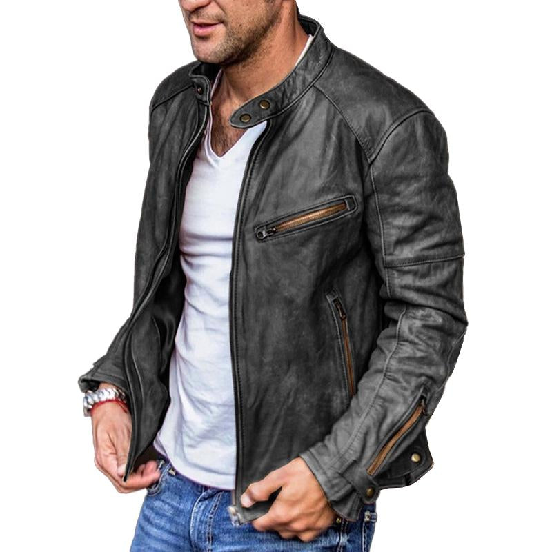 Heren Vintage Biker Leren Jas met Staande Kraag en Rits 03694388M