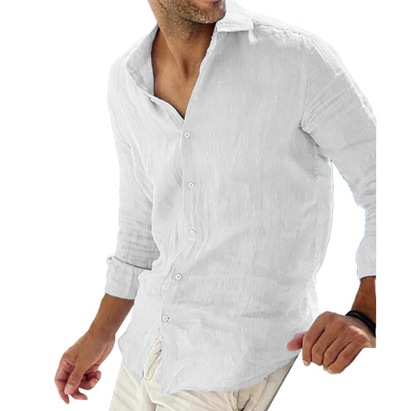 Heren Casual Effen Overhemd met Linnen Kraag, Ademend, Lange Mouwen 78653851Y