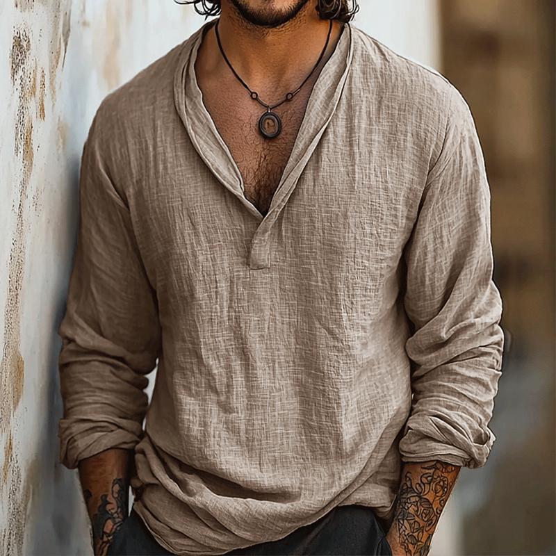 Heren retro casual overhemd van katoen en linnen met lange mouwen 45851855TO