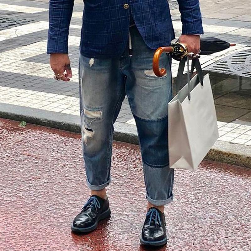 Heren vintage jeans met slijtage en patches 00359354Y