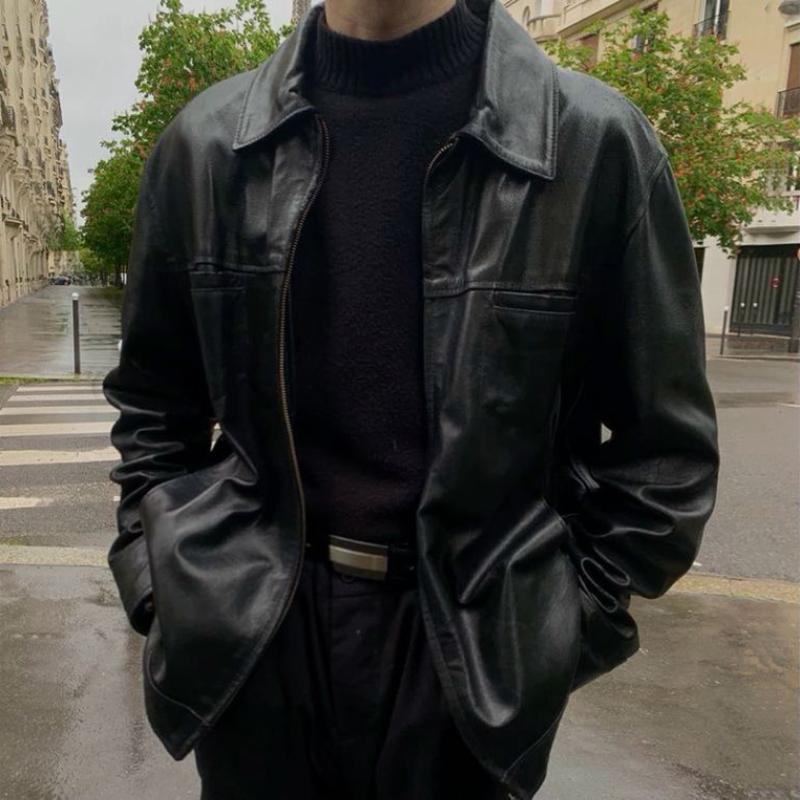 Heren Retro Casual Effen Leren Jas met Kraag 67714537TO