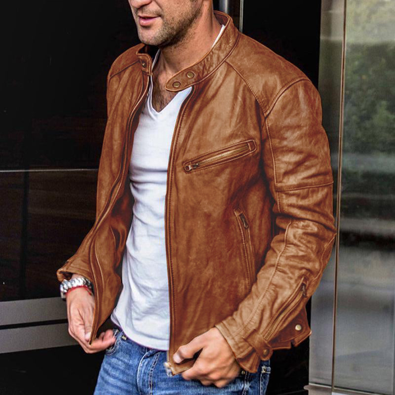 Heren Vintage Biker Leren Jas met Staande Kraag en Rits 03694388M