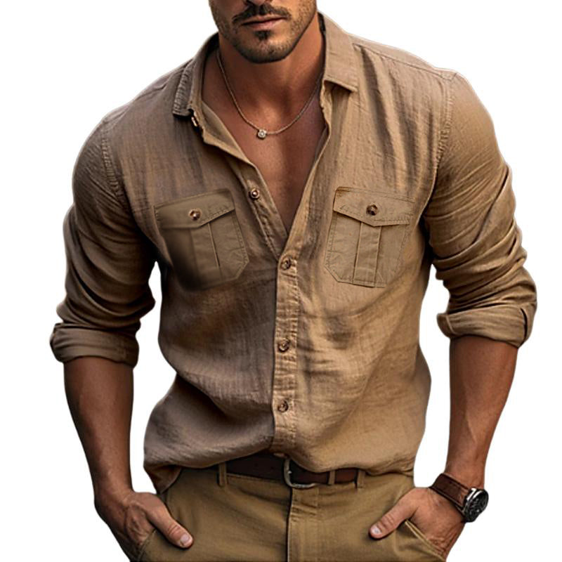 Heren overhemd met lange mouwen van katoen en linnen in effen kleur met dubbele zak 64413169Y