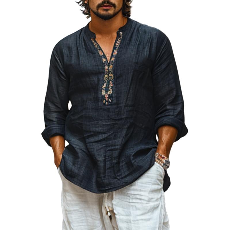 Heren shirt van katoen en linnen, ademend, met print, met V-hals, lange mouwen 44077225Y