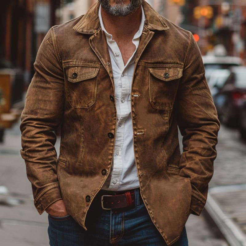 Heren Vintage Werkjas van Dik Leer met Revers, Eenzijdig, met Veel Zakjes 23094806M