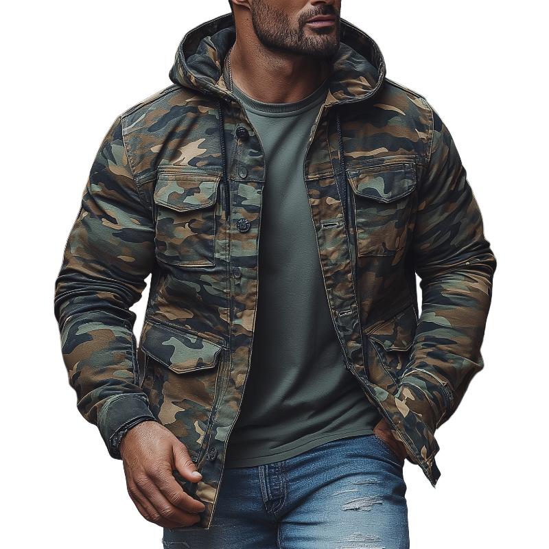 Heren Casual Camouflage Jacket met Capuchon en Veel Zakjes, Effen 42185129M