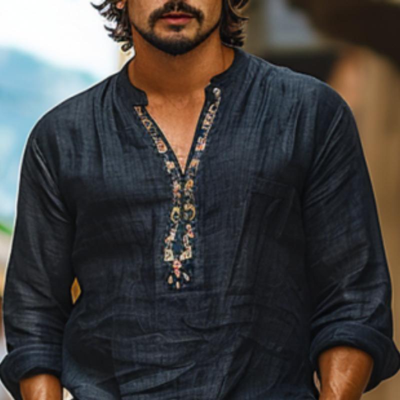 Heren shirt van katoen en linnen, ademend, met print, met V-hals, lange mouwen 44077225Y