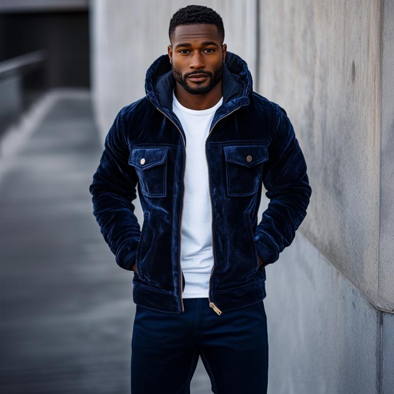 Heren Vintage Fluwelen Jas met Capuchon Slim Fit met Veel Zakjes 43517037M